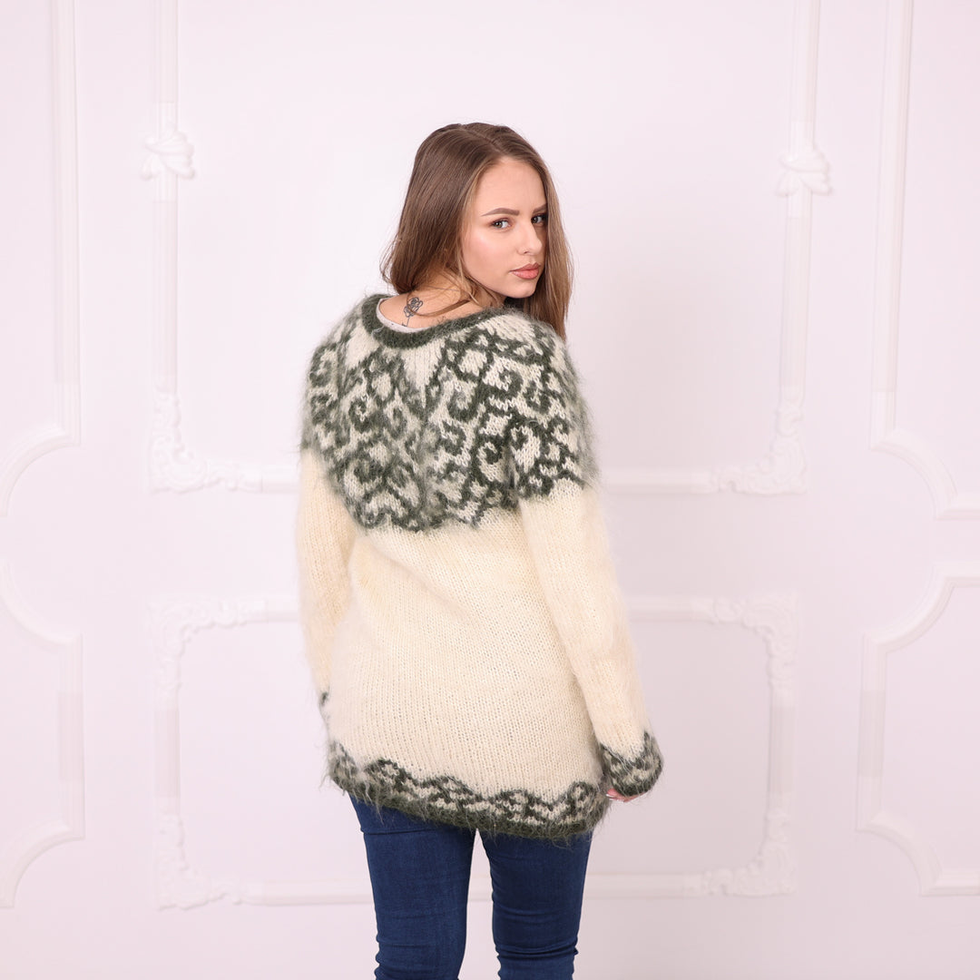 Ivory green patterned mohair Nordic sweater T2404 ready to ship back angle