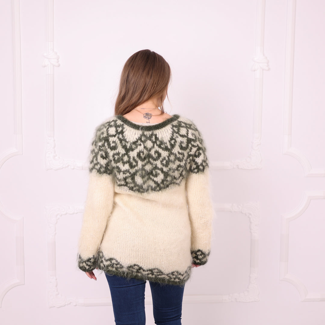 Ivory forest green mohair Nordic sweater T2404 ready to ship back view
