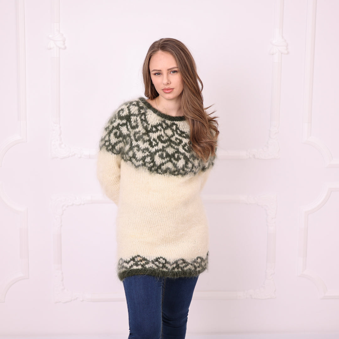 Ivory green mohair Nordic sweater T2404 ready to ship size S front angle