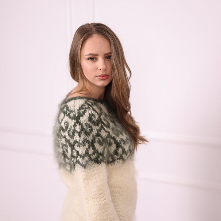 Ivory green 2-strand mohair Nordic sweater T2404 patterned yoke side view