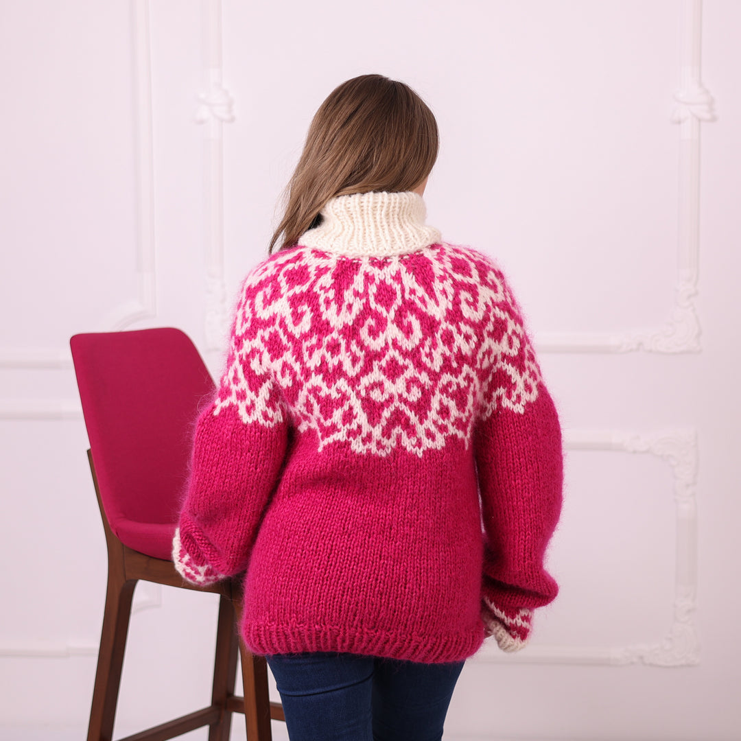 Fuchsia ivory 10-strand alpaca Nordic turtleneck sweater back view T2405