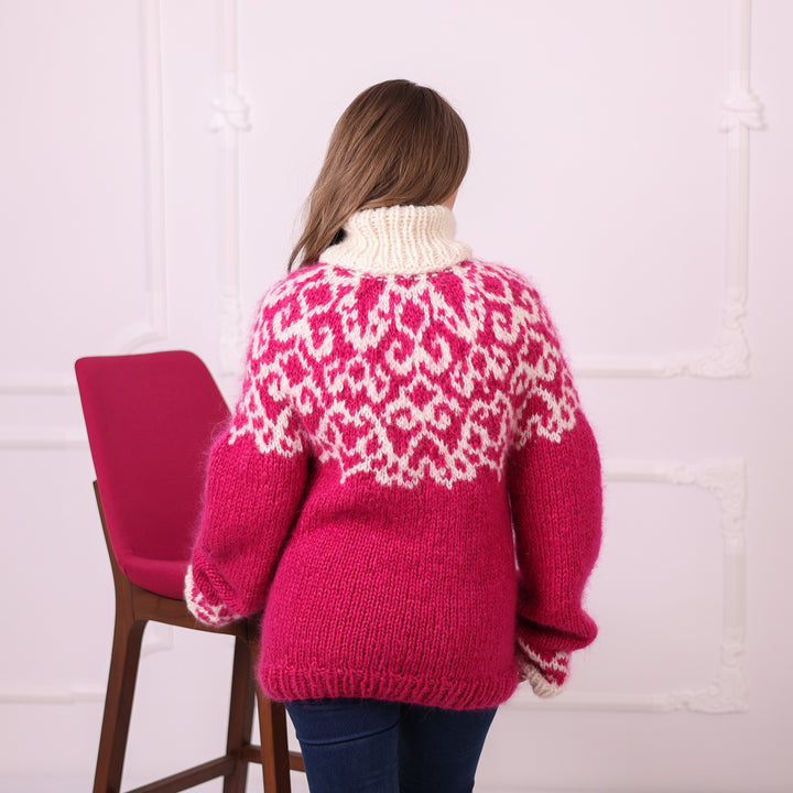 Fuchsia ivory 10-strand alpaca Nordic turtleneck sweater back view T2405