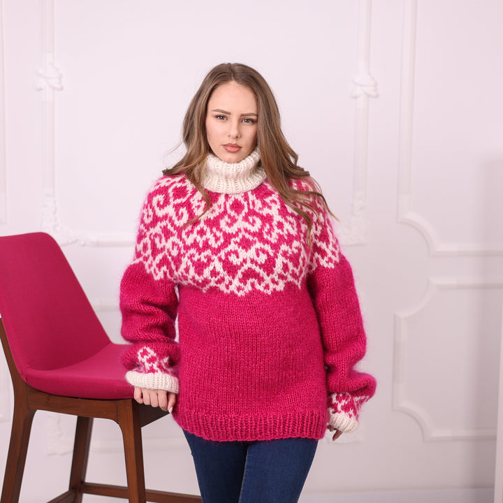 Fuchsia ivory chunky alpaca Nordic sweater relaxed front view T2405