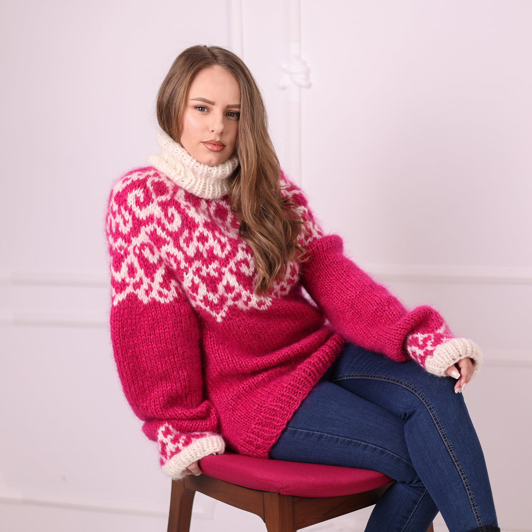Fuchsia ivory hand knit alpaca Nordic sweater seated front view T2405