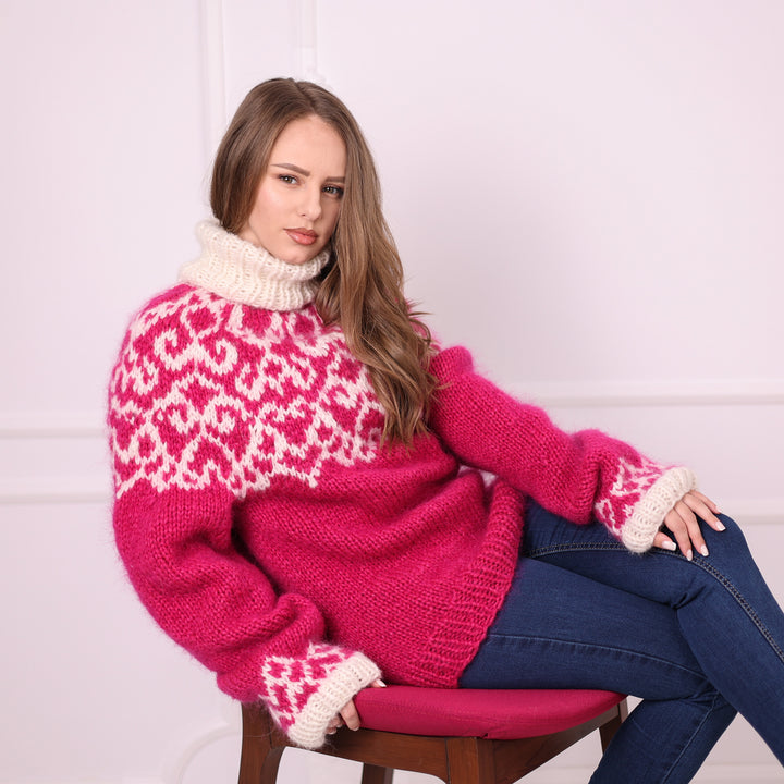 Fuchsia ivory alpaca Nordic turtleneck sweater seated lifestyle view T2405
