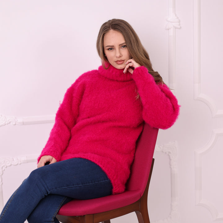 Hot pink kid mohair turtleneck sweater T2406 ready to ship chair view