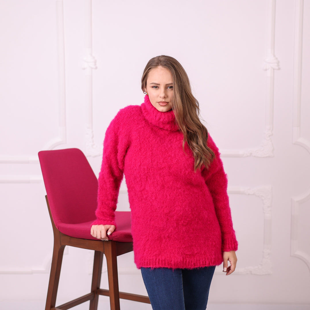 Hot pink kid mohair turtleneck sweater T2406 ready to ship size L front view