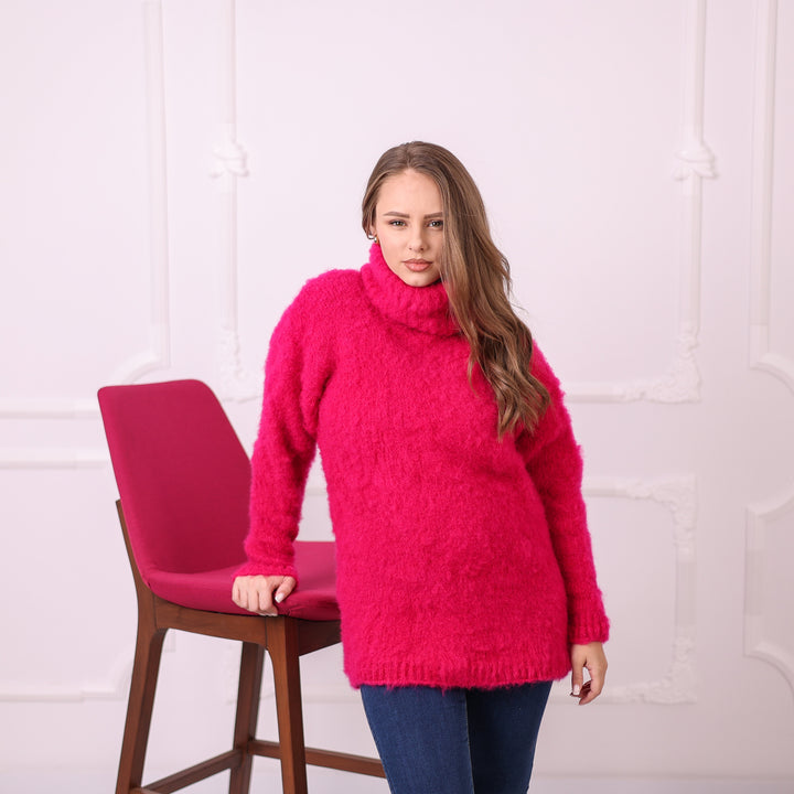Hot pink kid mohair turtleneck sweater T2406 ready to ship size L front view