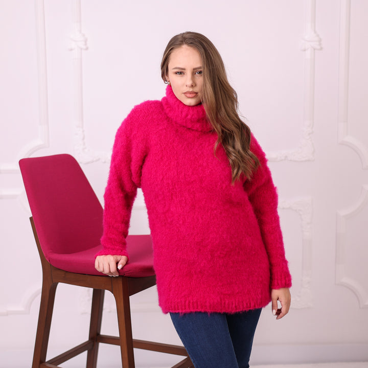 Fuchsia kid mohair turtleneck sweater T2406 ready to ship size L front view
