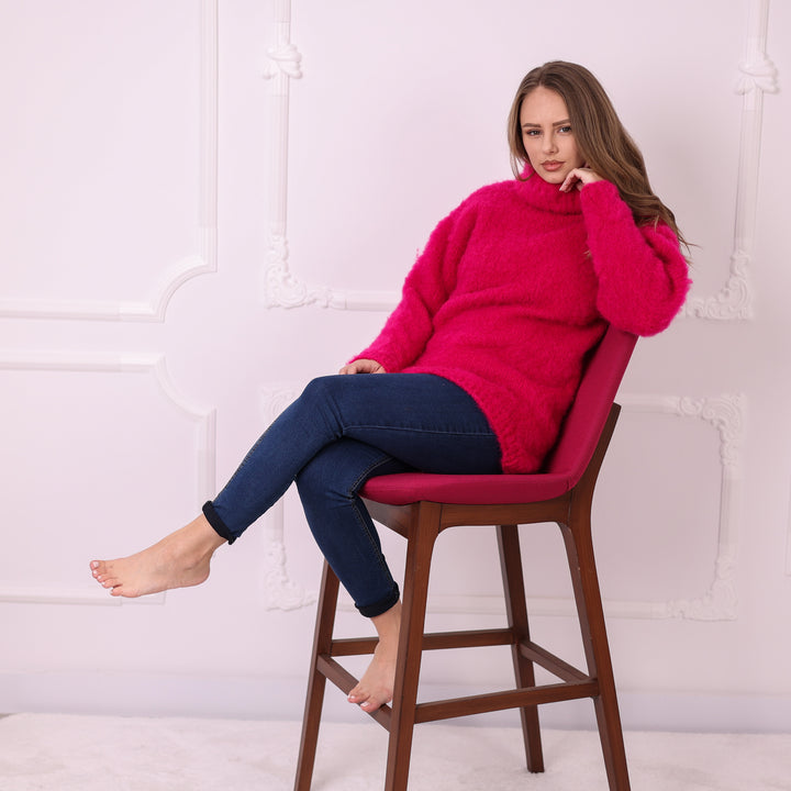 Fuchsia kid mohair handmade turtleneck sweater T2406 seated front view