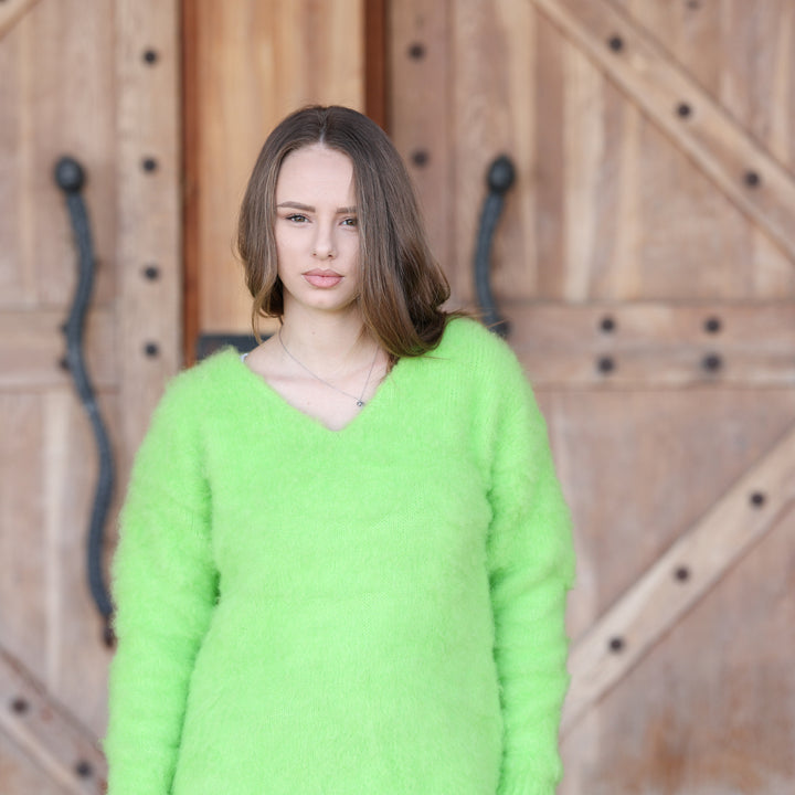 Neon green fuzzy alpaca sweater T2415 V neck and dropped shoulder detail