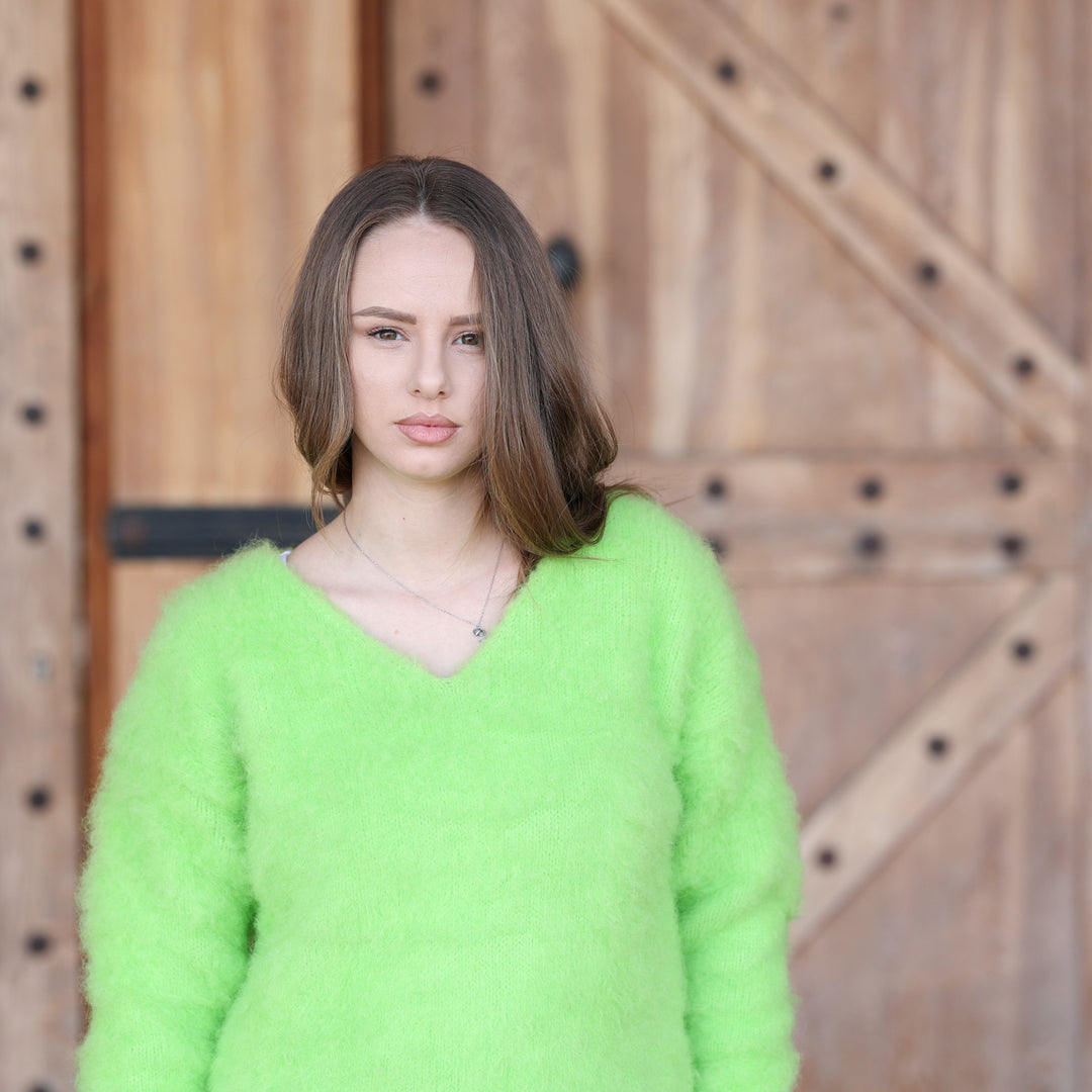 Bright lime green alpaca sweater T2415 close front soft texture