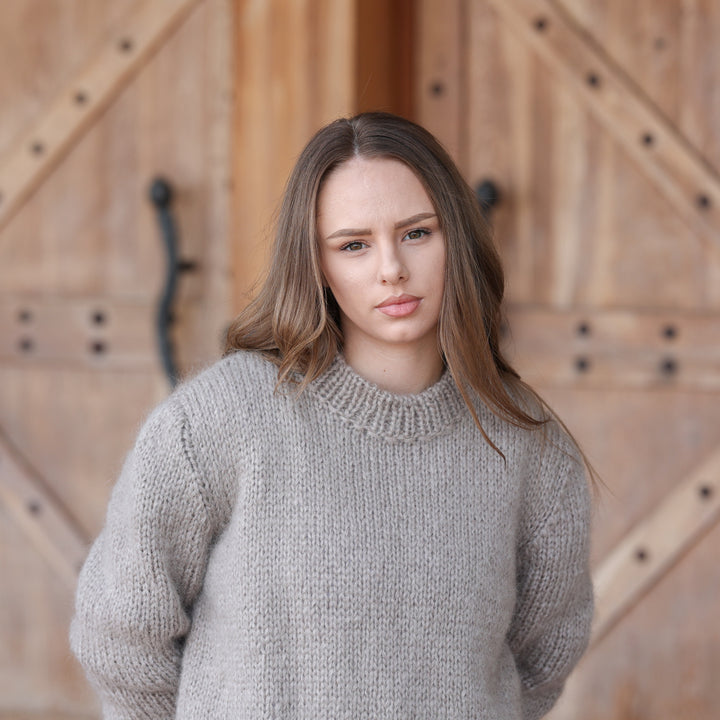 Beige kid mohair oversized chunky crewneck sweater T2416 product view 3