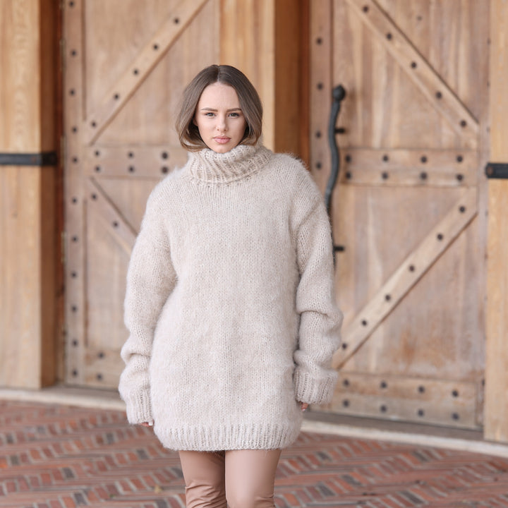 Beige 10 strand baby alpaca oversized chunky turtleneck sweater T2417 photo 1