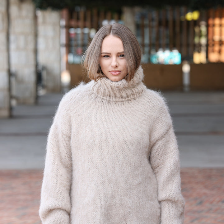 Beige 10 strand baby alpaca oversized chunky turtleneck sweater T2417 photo 7