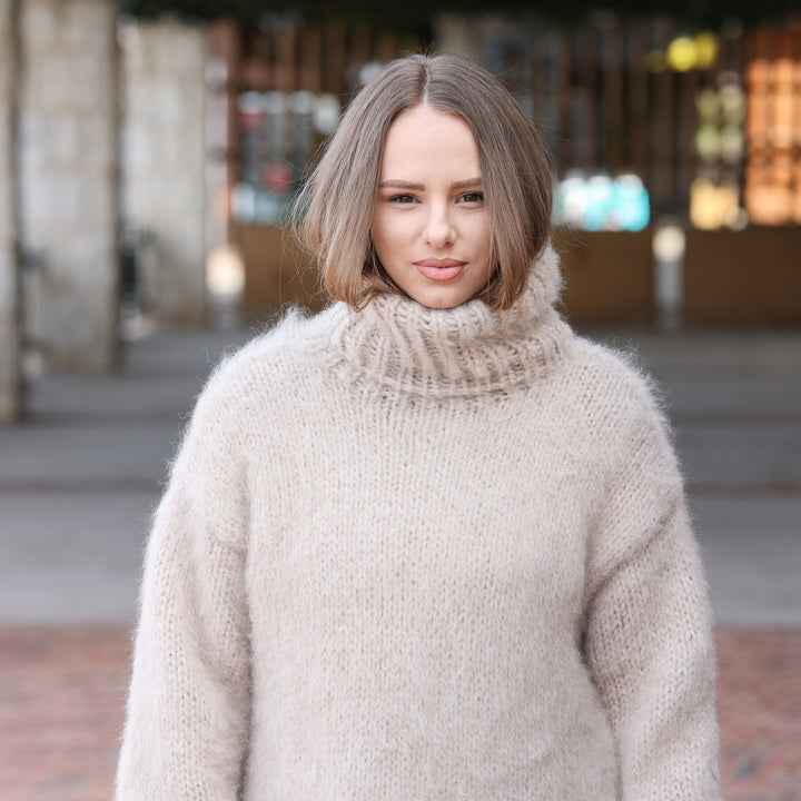 Beige 10 strand baby alpaca oversized chunky turtleneck sweater T2417 photo 8