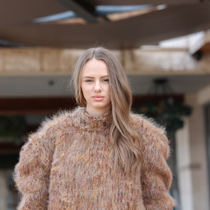 Earthy brown melange wool alpaca oversized chunky sweater T2418 product photo 10