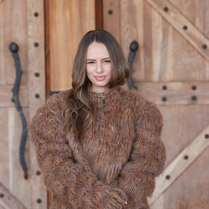 Earthy brown melange wool alpaca oversized chunky sweater T2418 product photo 2