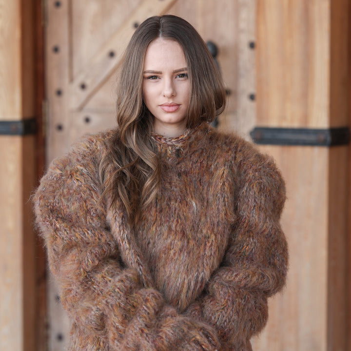 Earthy brown melange wool alpaca oversized chunky sweater T2418 product photo 5