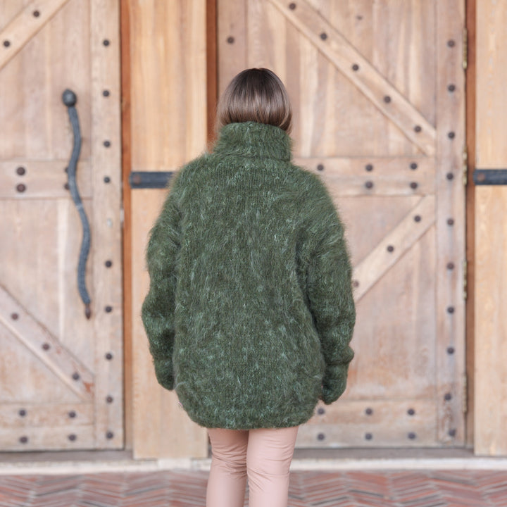Forest green melange mohair oversized fluffy turtleneck sweater T2419 product view 5