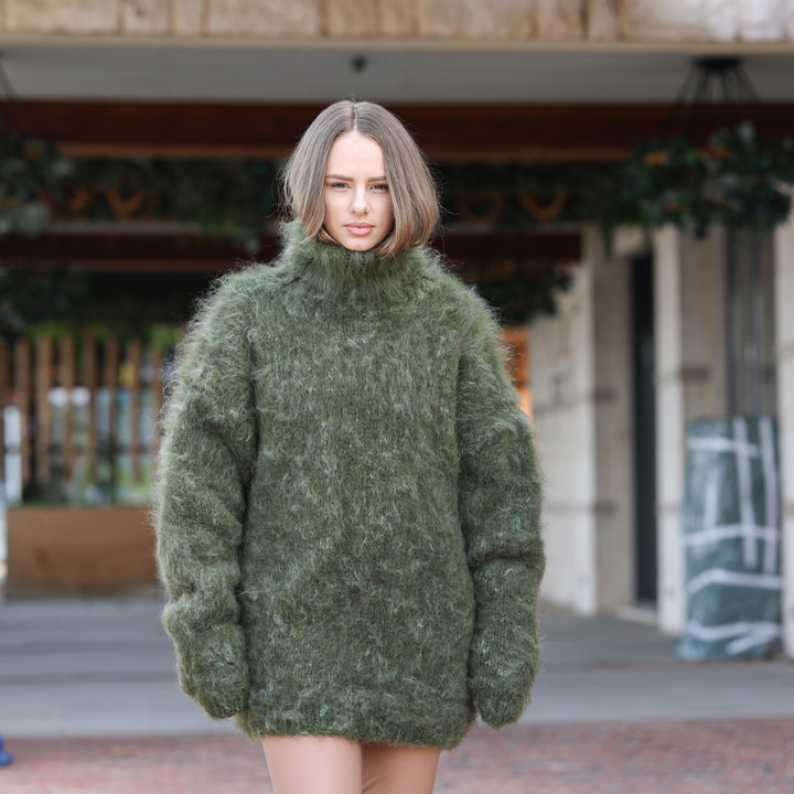 Forest green melange mohair oversized fluffy turtleneck sweater T2419 product view 7