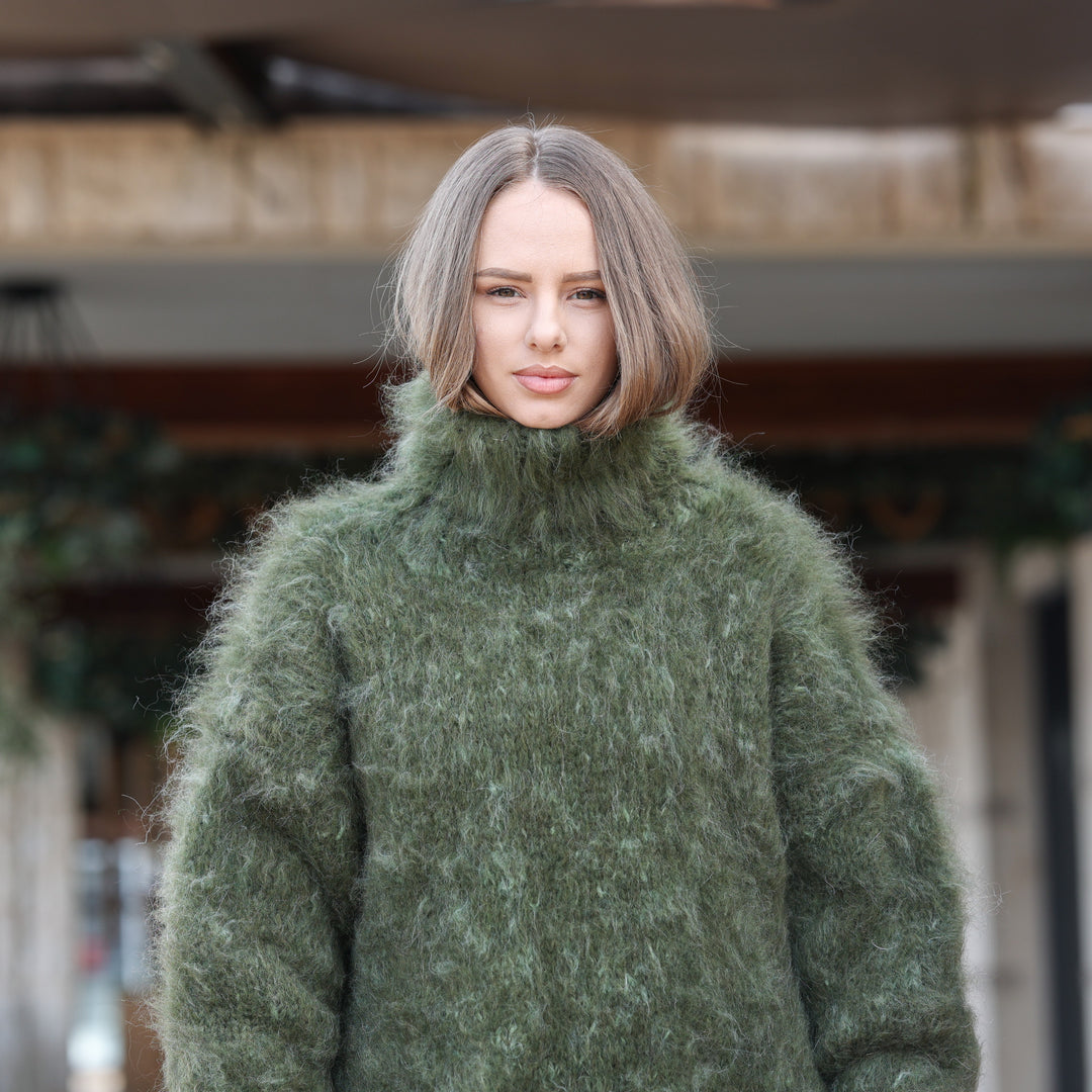 Forest green melange mohair oversized fluffy turtleneck sweater T2419 product view 9