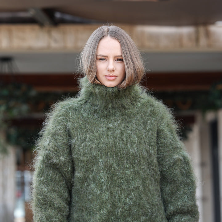 Forest green melange mohair oversized fluffy turtleneck sweater T2419 product view 9