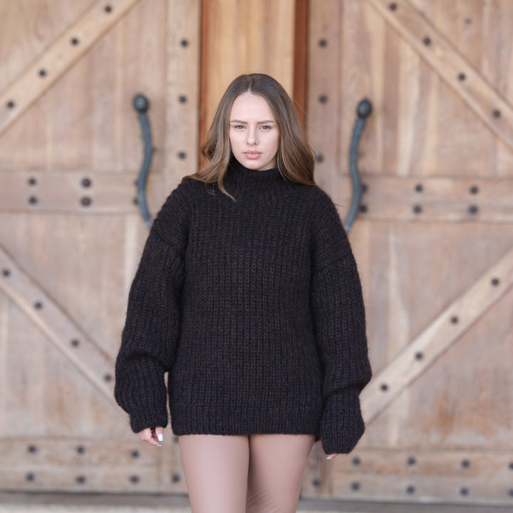 Dark brown black melange kid mohair oversized high neck sweater T2420 full front