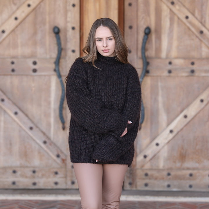 Brown black melange kid mohair rib knit sweater T2420 relaxed front pose