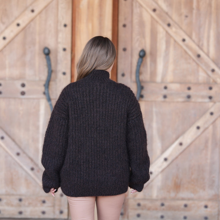 Dark brown black kid mohair chunky sweater T2420 back view