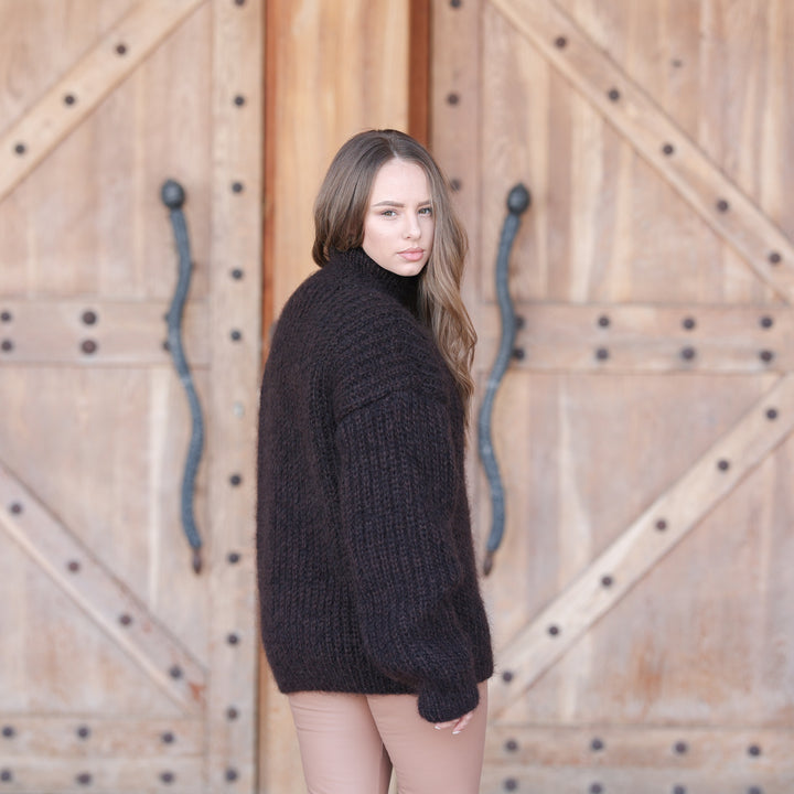 Dark brown melange fluffy mohair sweater T2420 side back view