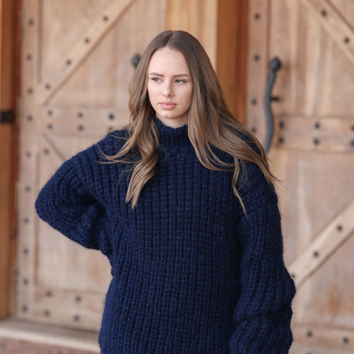 Navy blue baby alpaca oversized English rib sweater T2421 product image 2