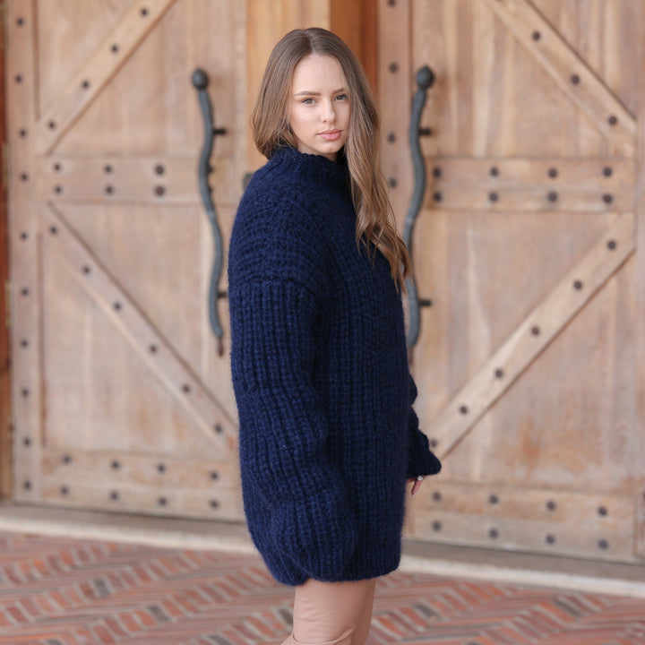 Navy blue baby alpaca oversized English rib sweater T2421 product image 5