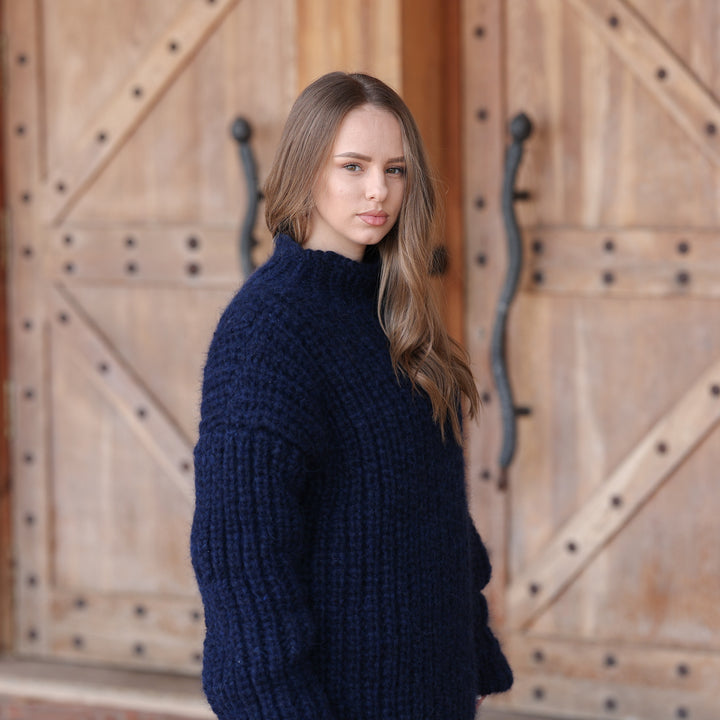 Navy blue baby alpaca oversized English rib sweater T2421 product image 6