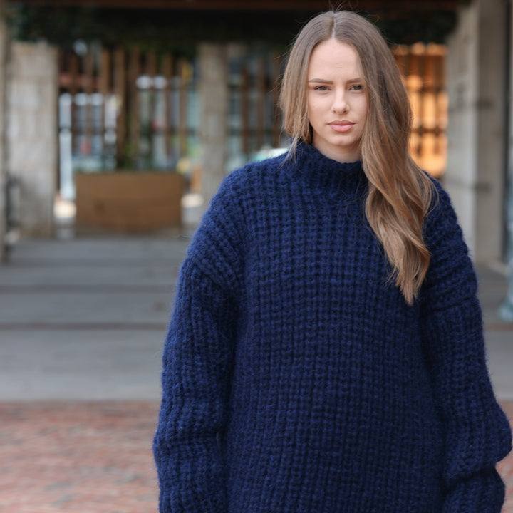 Navy blue baby alpaca oversized English rib sweater T2421 product image 8