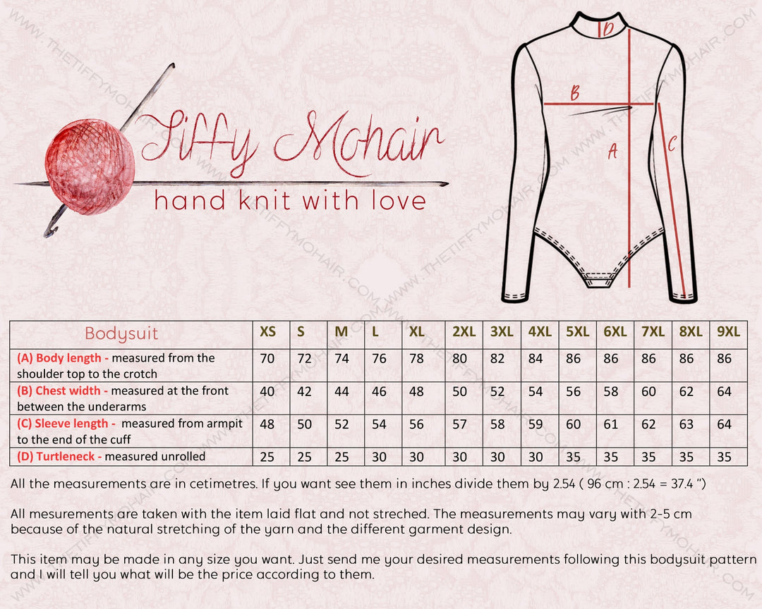Tiffy Mohair bodysuit size chart and measurement guide