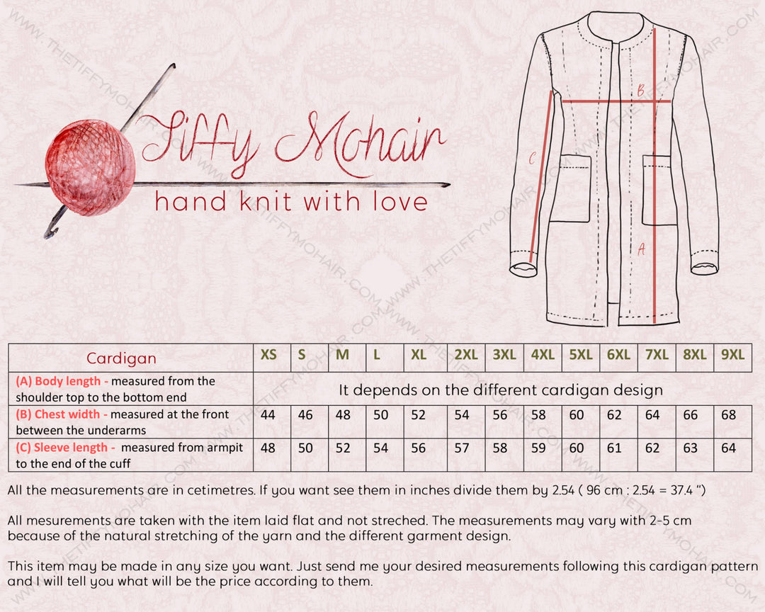 Tiffy Mohair cardigan size chart and measurement guide