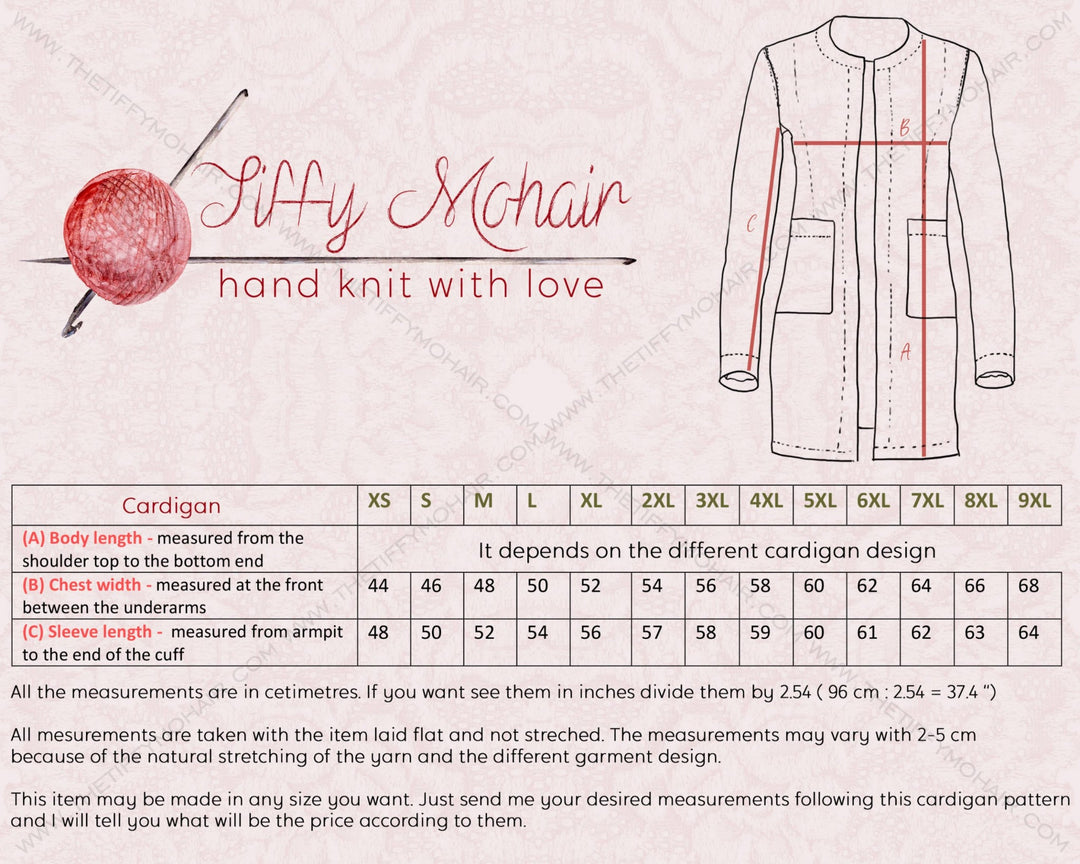 Tiffy Mohair cardigan size chart and measurement guide