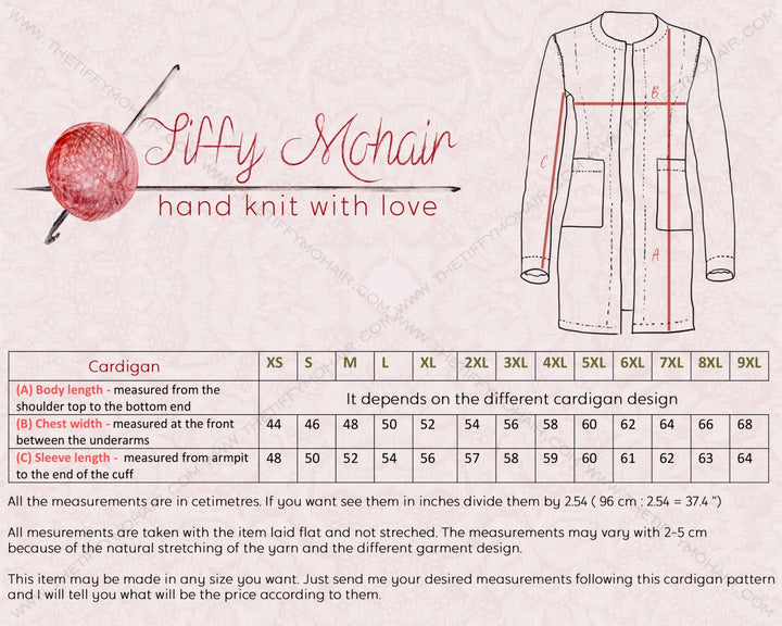 Tiffy Mohair cardigan size chart and measurement guide