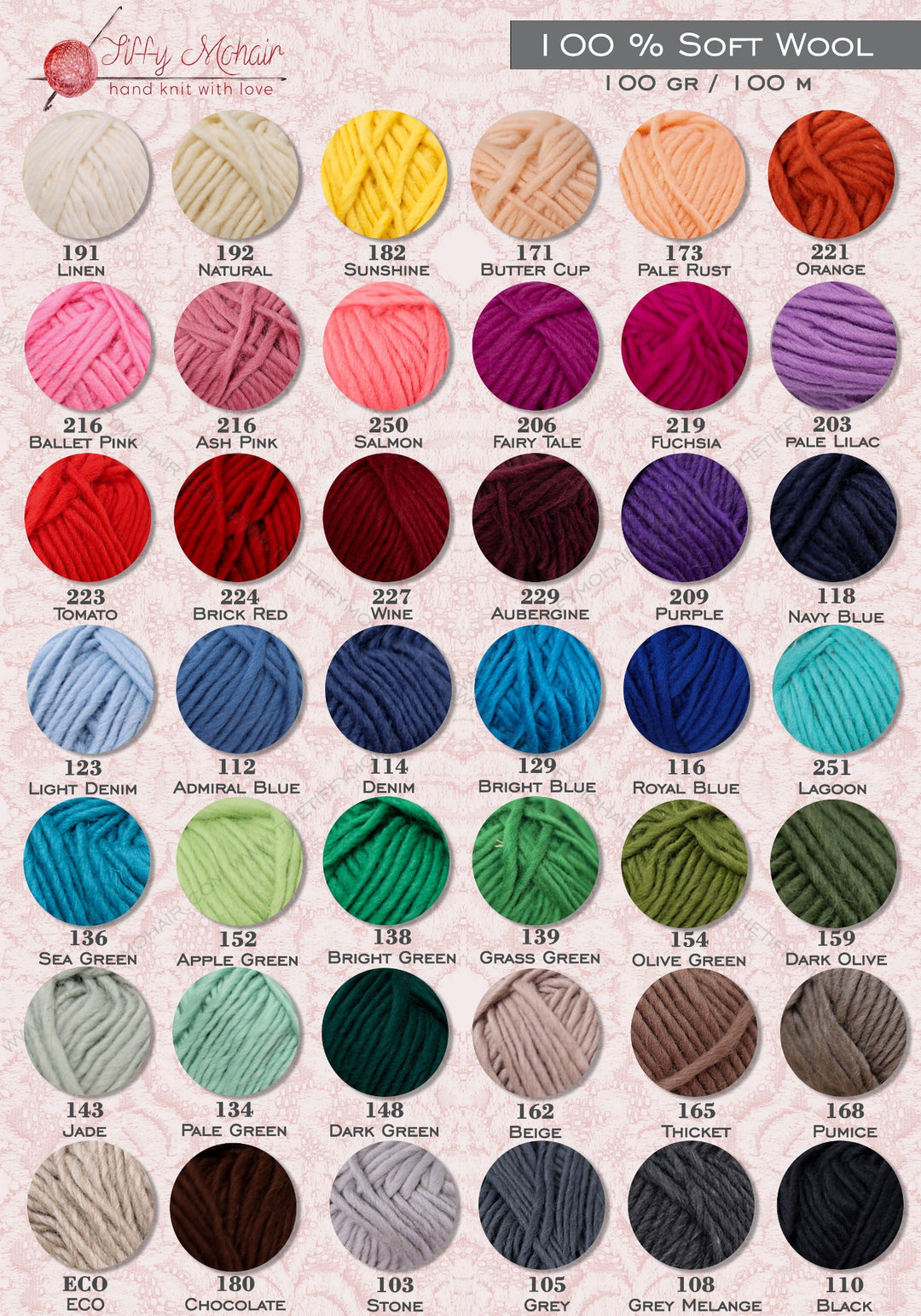 Tiffy Mohair 100% soft wool yarn color palette